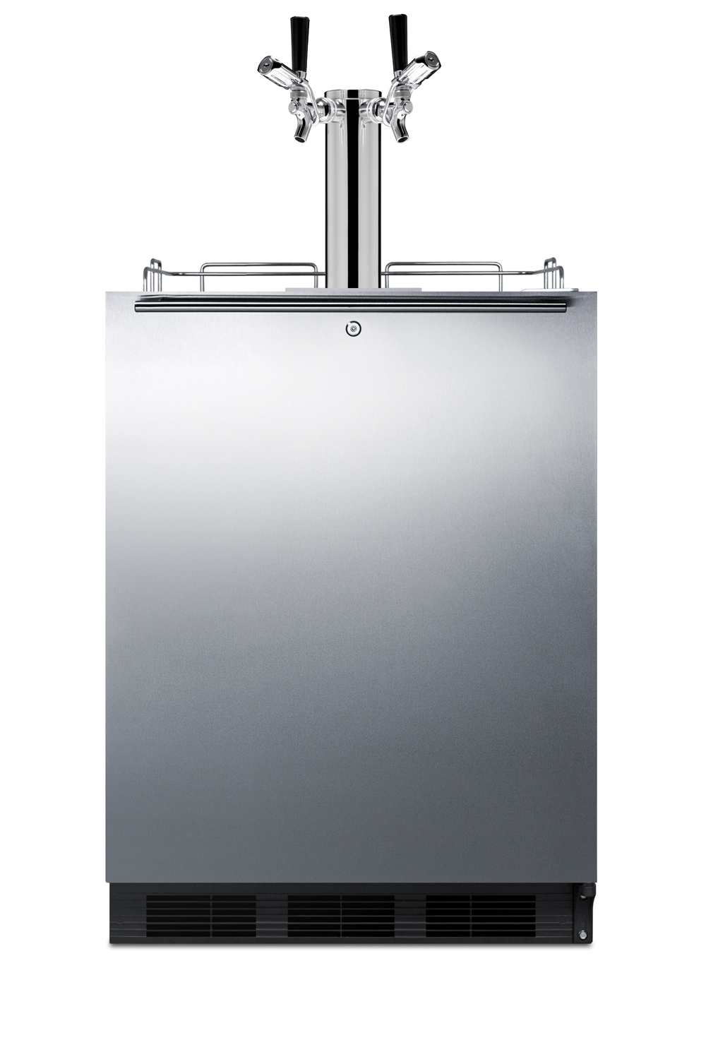 Built-in undercounter ADA height commercially listed dual tap beer dispenser with stainless steel wrapped door, front lock, black cabinet, and two TapLocks